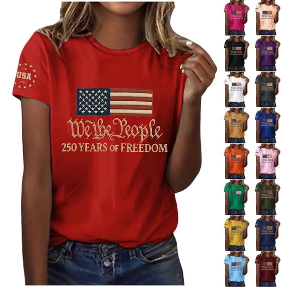 Women's Short Sleeve Round Neck Pullover T-Shirt with Independence Day Print, Casual Top for Patriotic Celebrations Blue 2XL