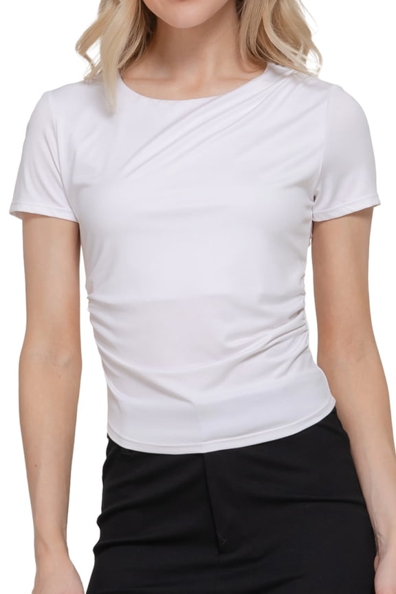 Women's Short Sleeve Round Neck Ruched ITY Knit Top Soft Stretch Casual Style