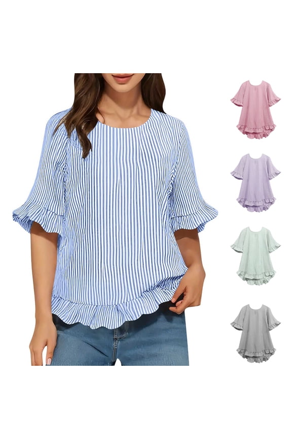 Women's Short Sleeve Round Neck Ruffle Shirt Tops Blouses Tunics Casual Striped Button Down Back Tie Casual Daily Wear Work Office Vacation Fashion Essential | Sopatenor,Red XL