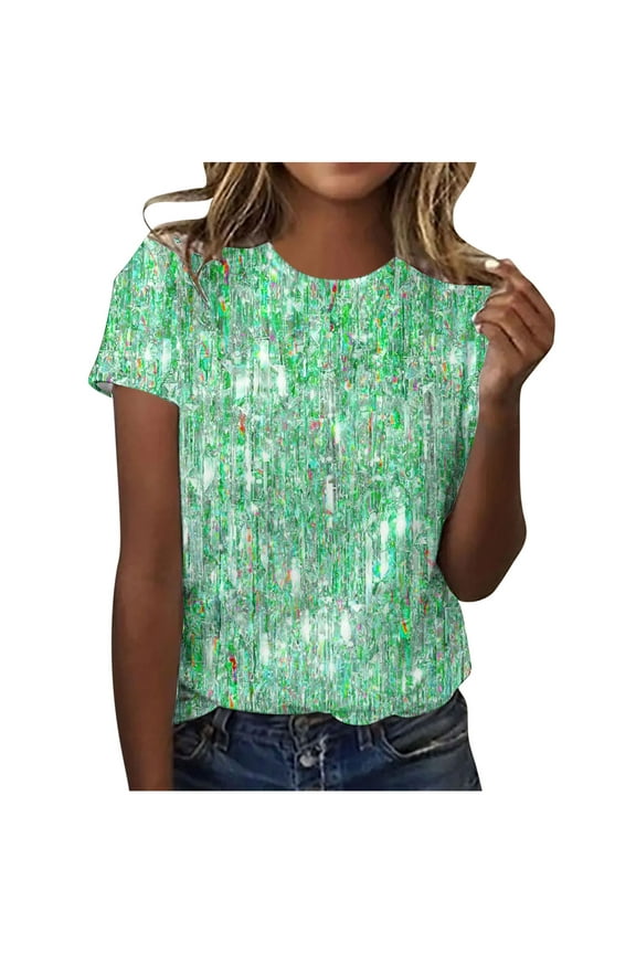 Women's Short Sleeve Round Neck Sparkling Crystal Printed T-Shirt Top Blouse Casual Glitter Tee for Party Holiday Festive Wear Women Tops Shirts for Summer Spring