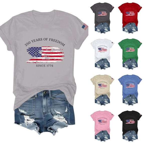 Women's Short Sleeve Round Neck T-Shirt with "250 YEARS OF FREEDOM SINCE 1776" Number Print, Casual Independence Day Top for Patriotic Celebrations Red L
