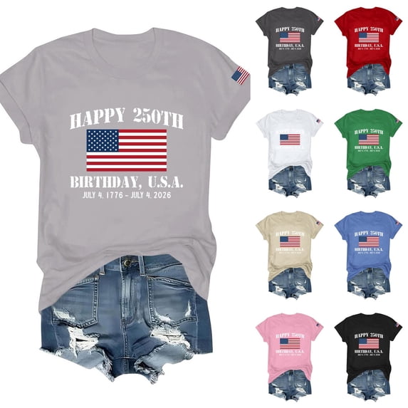 Women's Short Sleeve Round Neck T-Shirt with "HAPPY 250TH BIRTHDAY, U.S.A. JULY 4. 1776 - JULY 4. 2026" Print, Casual Independence Day Top Light Gray XL