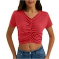 thumbnail image 1 of Women's Short Sleeve Ruched Crop Top Summer V-Neck Casual Tee Solid Color Slim Fit T-Shirt, 1 of 6