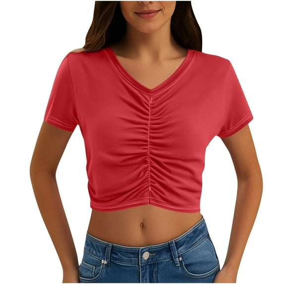 Women's Short Sleeve Ruched Crop Top Summer V-Neck Casual Tee Solid Color Slim Fit T-Shirt