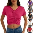 thumbnail image 1 of Women's Short Sleeve Ruched Crop Top Summer V-Neck Casual Tee Solid Color Slim Fit T-Shirt, 1 of 6