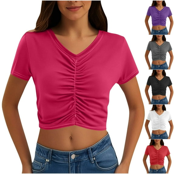 Women's Short Sleeve Ruched Crop Top Summer V-Neck Casual Tee Solid Color Slim Fit T-Shirt
