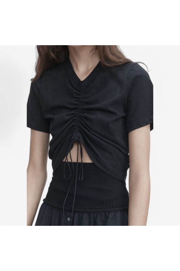 Women's Short Sleeve Ruched Drawstring V-Neck Crop Top - Small, Black