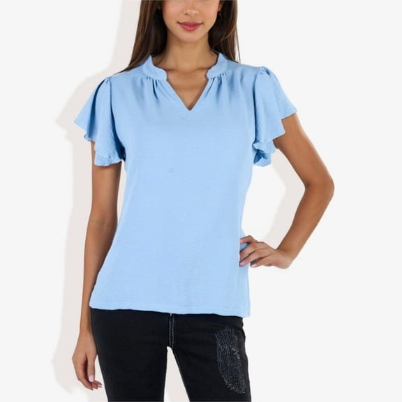 Women's Short Sleeve Ruffle Hem V-Neck Blouse Lightweight and Comfortable Casual Top- Small, Blue