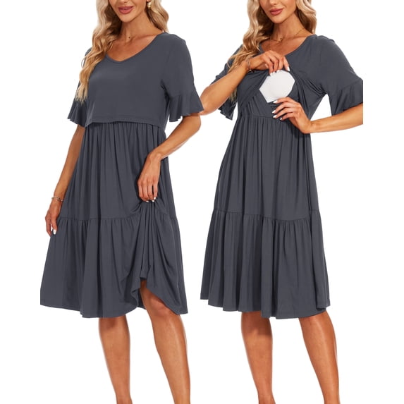 Women's Short Sleeve Ruffle Maternity Nursing Dresses for Breastfeeding