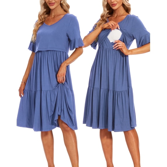 Women's Short Sleeve Ruffle Maternity Nursing Dresses for Breastfeeding