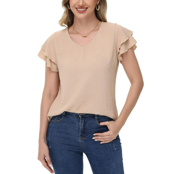 Women's Textured V-Neck Top with Double Layer Ruffle Short Sleeves- Medium, Beige