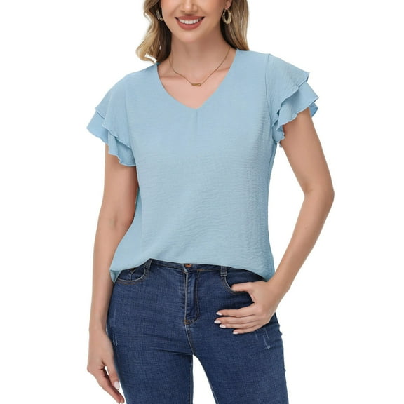 Women's Textured V-Neck Top with Double Layer Ruffle Short Sleeves- Small, Blue