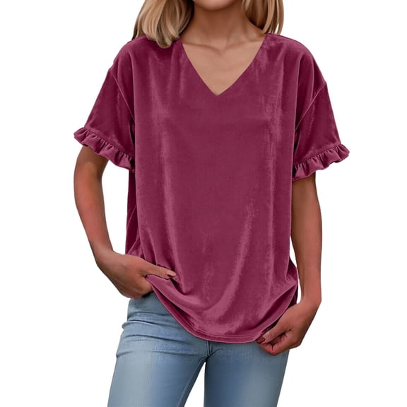 Women's Short Sleeve Ruffle Velvet V-Neck T-Shirts Tops Beach Summer Spring Outfits