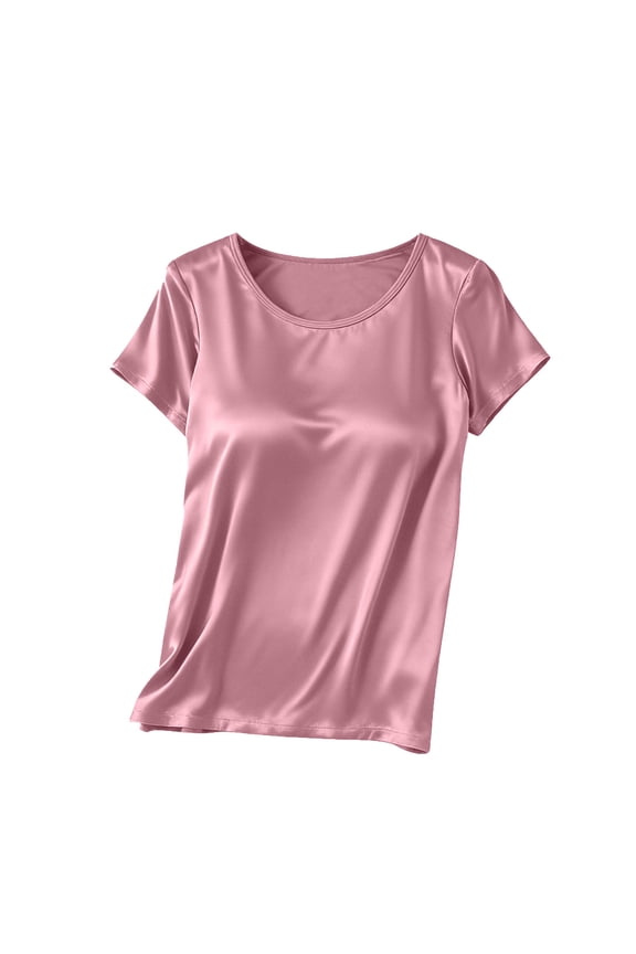 Women's Short Sleeve Satin Blouses Casual Loose Crewneck Silk Shirts Roll Up Tunic Tops