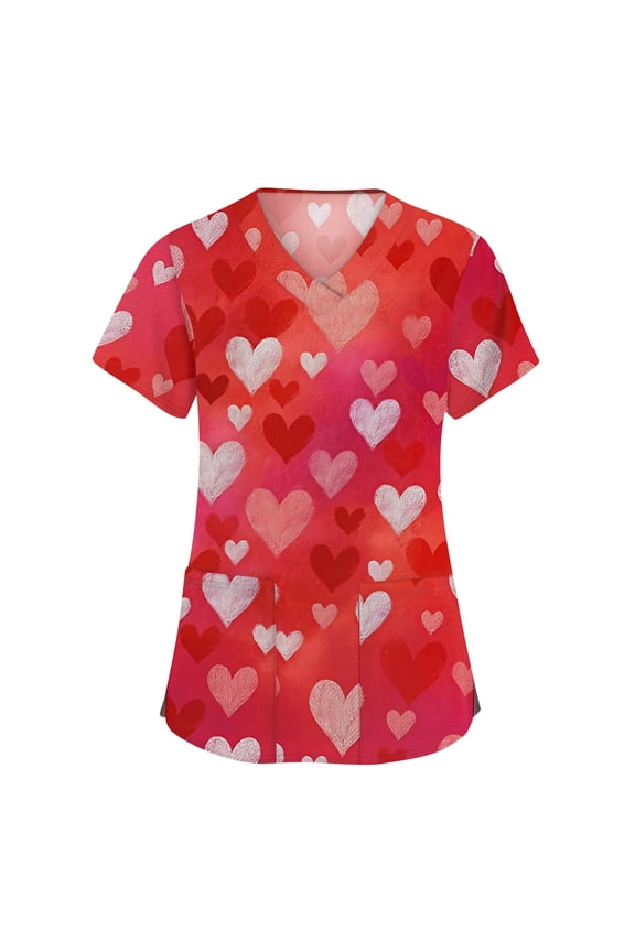 Women's Short Sleeve Scrub Tops - Stretchy V-Neck Printed Nursing Uniform, Loose Fit Cute Work Top for Caregivers with Pockets Watermelon Red L