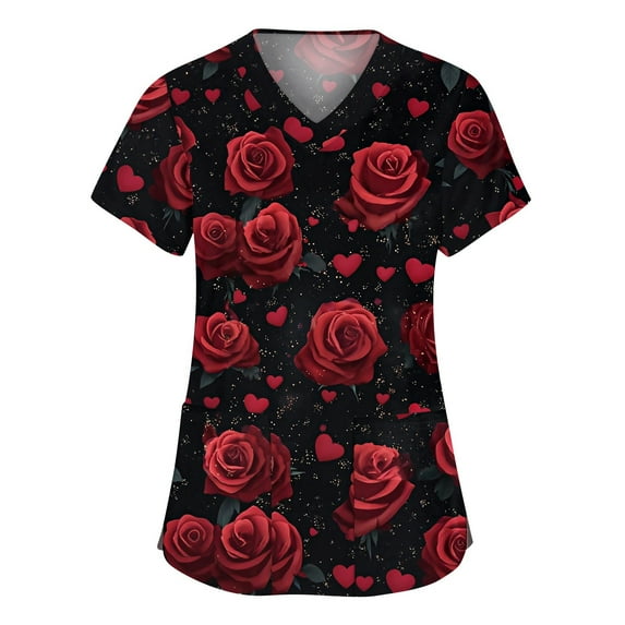 Women's Short Sleeve Scrub Tops - Stretchy V-Neck Printed Nursing Uniform, Loose Fit Cute Work Top for Caregivers with Pockets Wine 3XL