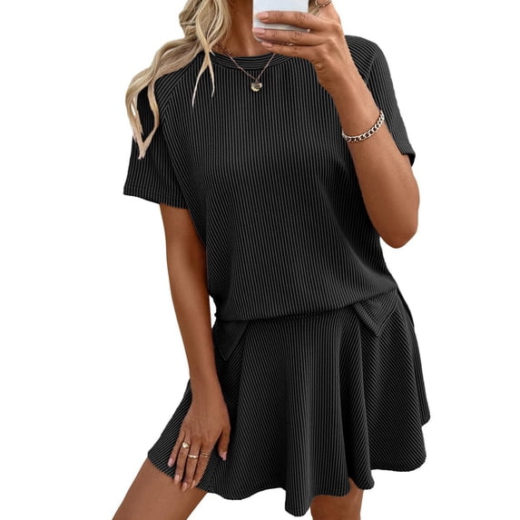 Women's Short Sleeve Set Cruise Ribbed Loose Matching Lounge Sets 2 Piece Skirt Outfit for Summer Dark Gray L
