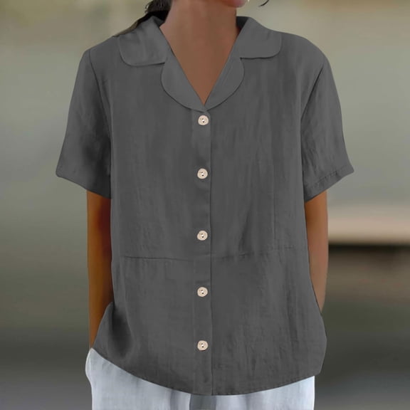 Women's Short Sleeve Shirt, Casual Button Down Lapel Top for Daily Wear, Polyester Blouse