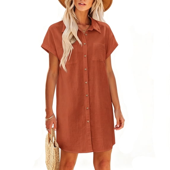 Women's Short Sleeve Shirt Dress – Collared Button Front Mini Dress with Dual Chest Pockets