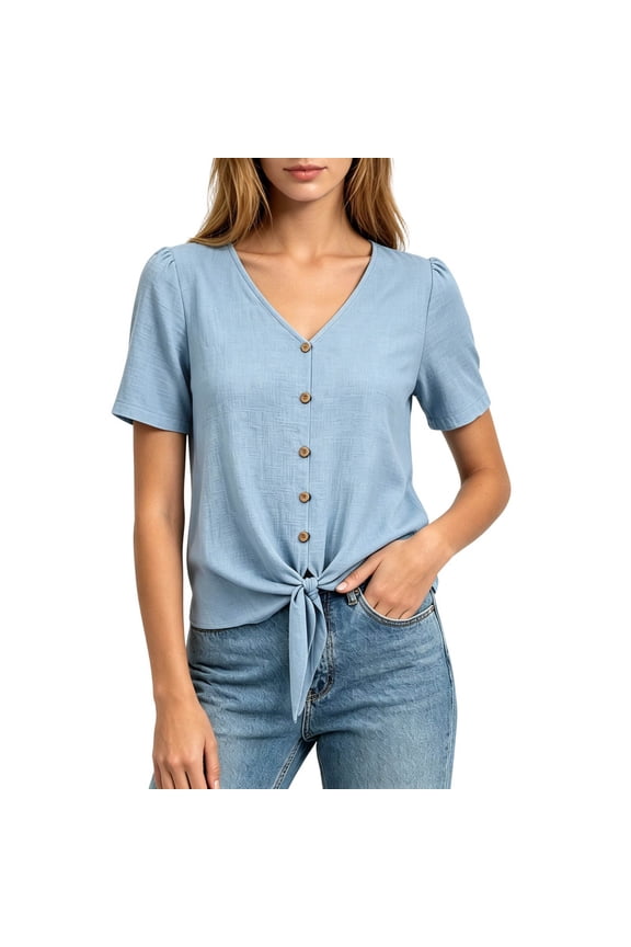 Women's Short Sleeve Shirt, V-Neck Button Up with Lace Up Front, Loose Casual Blouse for Summer Beach or Office, 2026 New Limited-time Offer