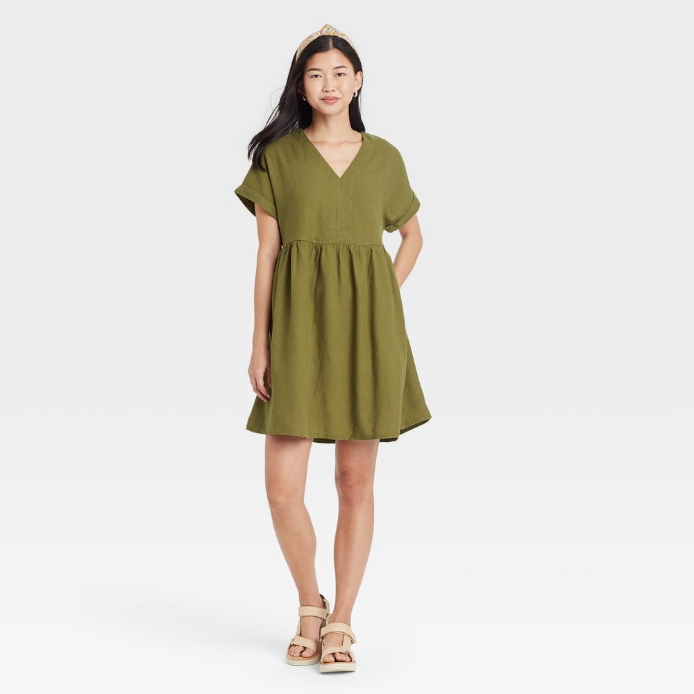 Women\'s Short Sleeve Shirtdress Green Universal Olive XS - Thread