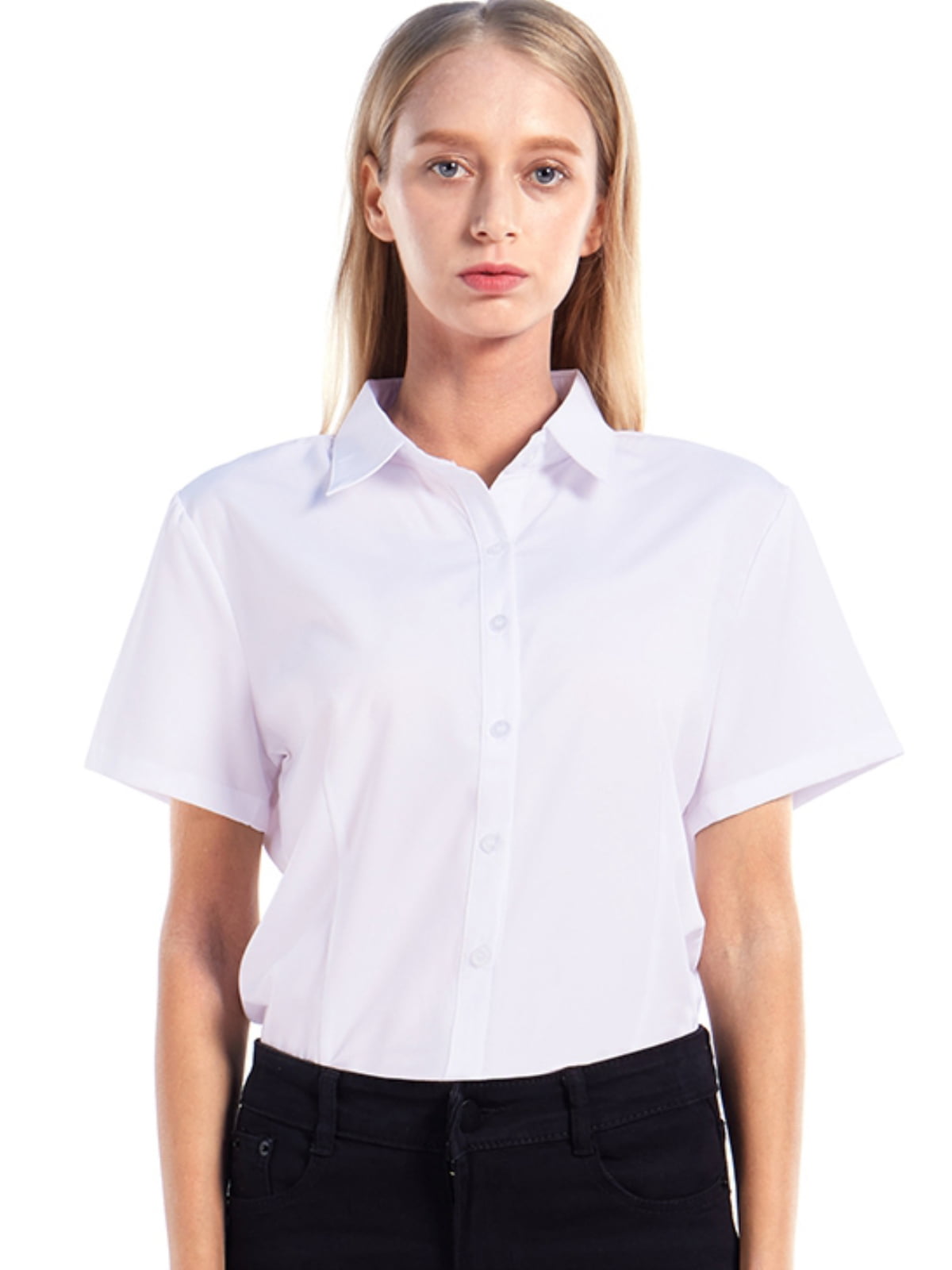 Women's Basic Button Up Shirt Short Sleeve Stretchy Button Down