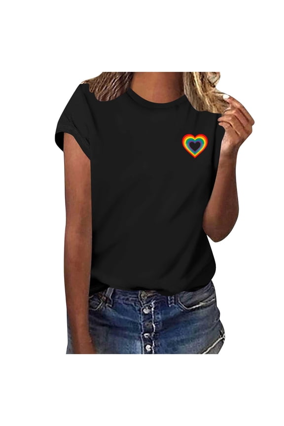 Women's Short Sleeve Shirts Crew Neck Heart Graphic Print Tops Spring Summer Casual Loose Stylish Blouse (L, Black-C)