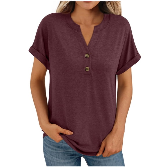 Women's Short Sleeve Shirts Henley Dressy Casual Summer Button V Neck Solid Color Tunic Tops 2025 Trendy Blouses Cute T-Shirts Outfits Clothes