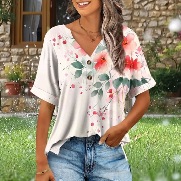Women's Short Sleeve Shirts Henley Dressy Casual Summer Tops 2025 Trendy Blouses Cute T-Shirts Outfits Clothes, Limited Time Under 10 Dollars SA-445