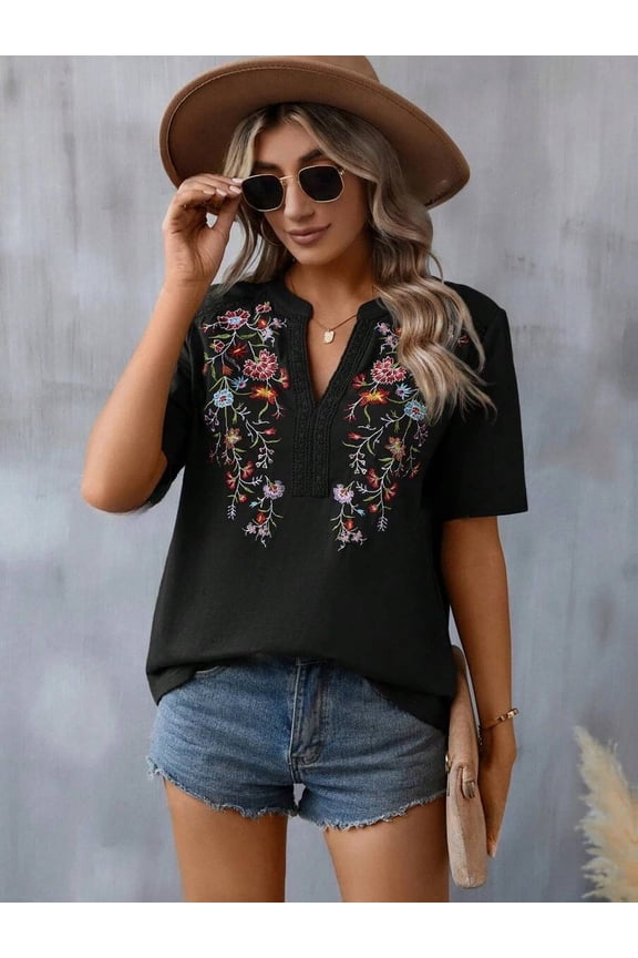 Women's Short Sleeve Shirts Lace Patchwork Blouse Embroid Tops