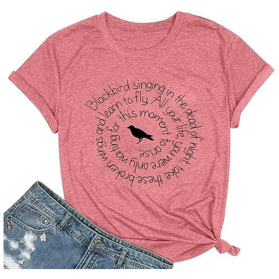 Women's Short Sleeve Shirts Novelty Letter Graphic Print Round Neck Tops Relaxed Fit Casual Comfy Pullover Outfit Blouses