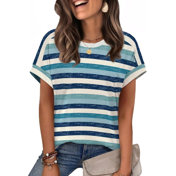 Women's Short Sleeve Shirts Outfits Stripe Dressy Clothes Tops for Casual Summer Blue Stripe-2 M