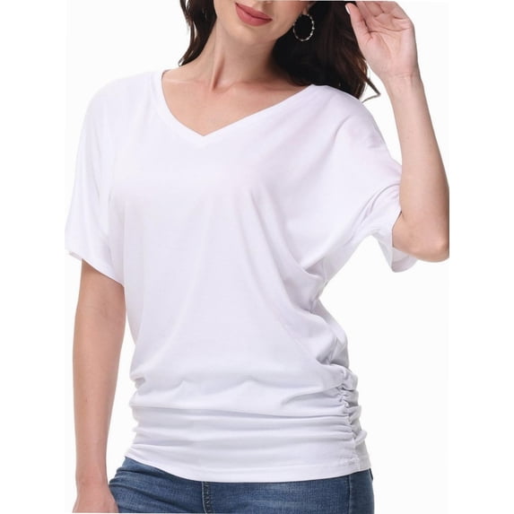 Women's V-Neck Dolman Top - Short Sleeve Solid Color Blouse with Side Shirring Detail, Casual Loose Fit T-Shirt