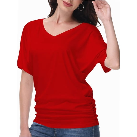 Women's V-Neck Dolman Top - Short Sleeve Solid Color Blouse with Side Shirring Detail, Casual Loose Fit T-Shirt