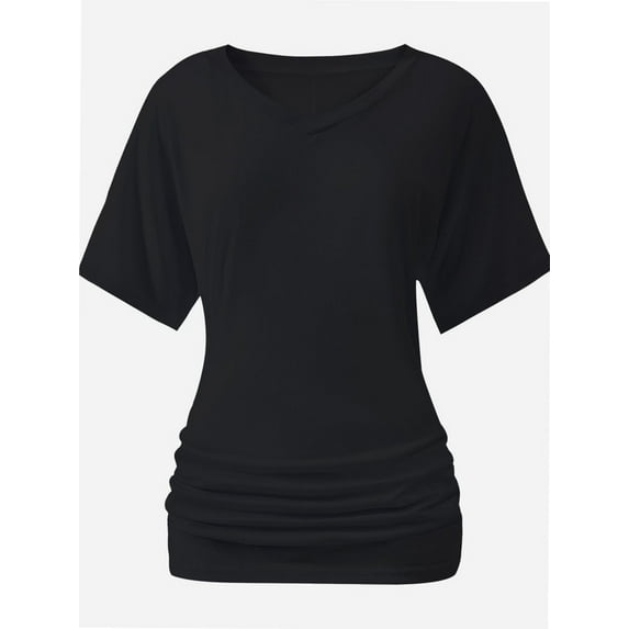 Women's Short Sleeve Shirts Solid Color Boat Neck Tops V Neck Shirts for Women Dolman Top with Side Shirring Detail
