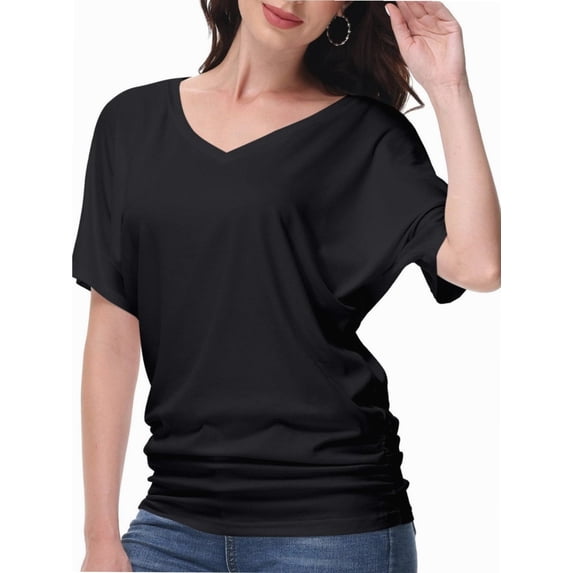 Women's V-Neck Dolman Top - Short Sleeve Solid Color Blouse with Side Shirring Detail, Casual Loose Fit T-Shirt