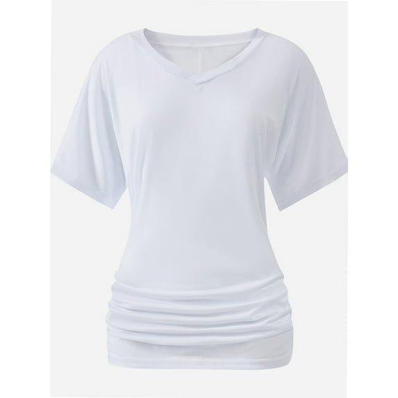 Women's Short Sleeve Shirts Solid Color Boat Neck Tops V Neck Shirts for Women Dolman Top with Side Shirring Detail