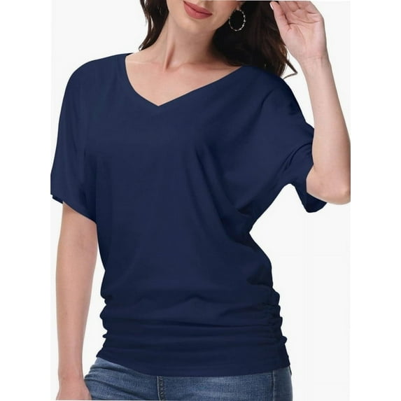 Women's Short Sleeve Shirts Solid Color Boat Neck Tops V Neck Shirts for Women Dolman Top with Side Shirring Detail