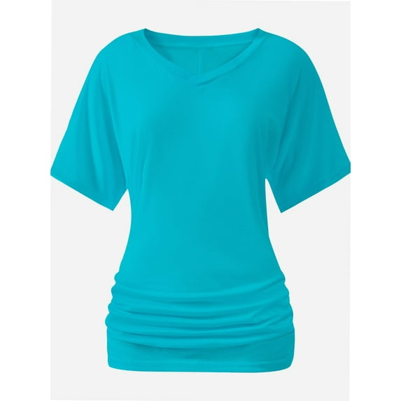 Women's Short Sleeve Shirts Solid Color Boat Neck Tops V Neck Shirts for Women Dolman Top with Side Shirring Detail
