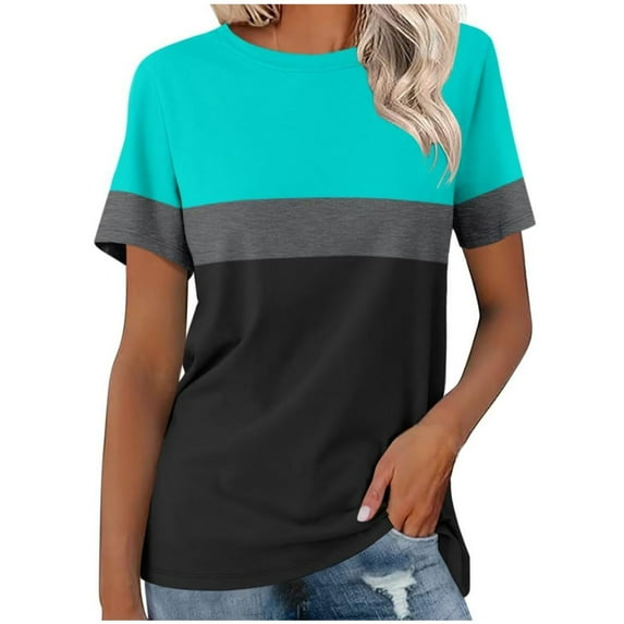 Women's Short Sleeve Shirts Summer Color Block Crew Neck Basic Tee Casual Loose Fit Soft Comfy Clothes (4XL, Green)