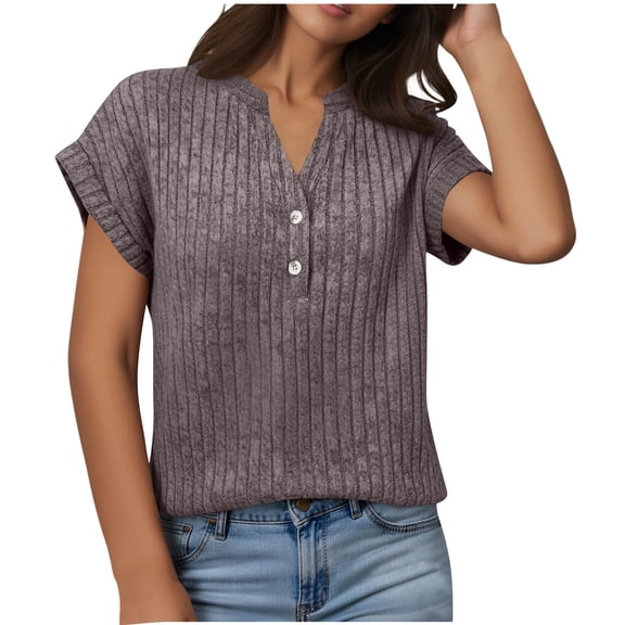 Women’s Short Sleeve Shirts V-Neck Button Summer 2026 Groove Strip Tops Dressy Casual Work Blouses,Pink,M