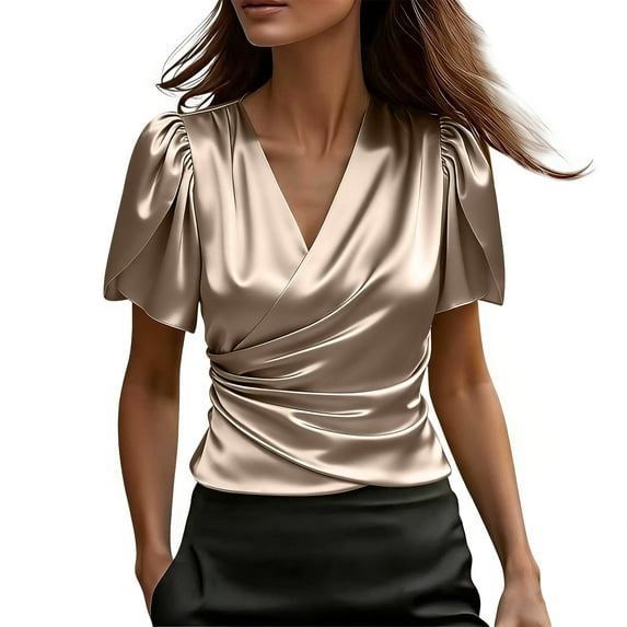 Women's Short Sleeve Shirts Wrap Ruched V Neck Tops Silk Satin Trendy Dressy Casual Party Summer Blouses (L, Rose Gold)
