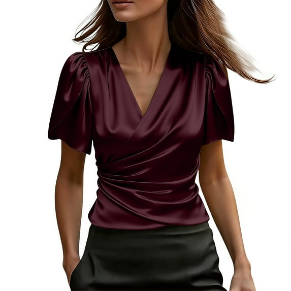 Women's Short Sleeve Shirts Wrap Ruched V Neck Tops Silk Satin Trendy Dressy Casual Party Summer Blouses (S, Wine)