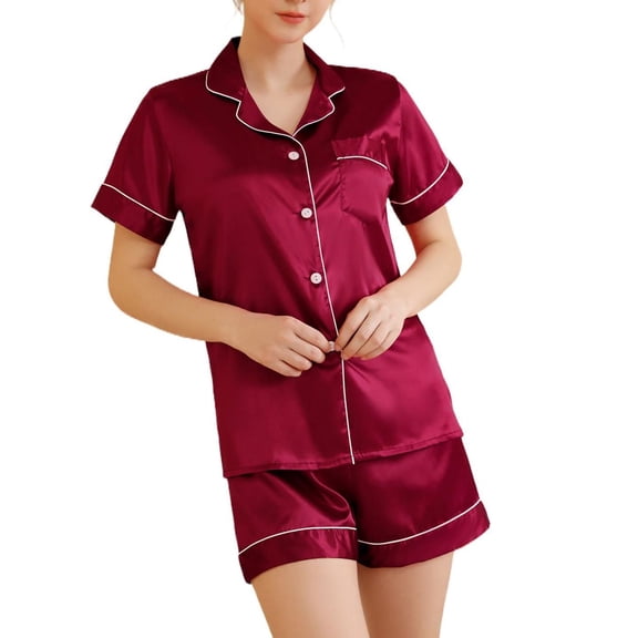 Women's Short Sleeve Shorts Pajama Set Summer Soft Silky Comfy Button Up Spring Lightweight Pjs 2 Piece Silk Sleepwear Amaranth 4-6
