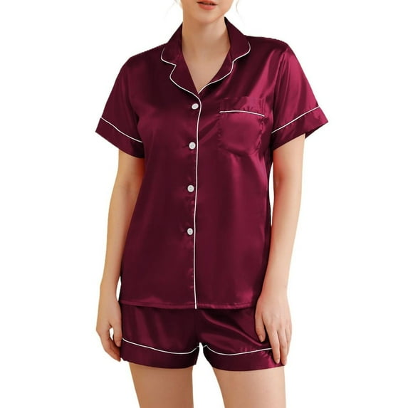 Women's Short Sleeve Shorts Pajama Set Summer Soft Silky Comfy Button Up Spring Lightweight Pjs 2 Piece Silk Sleepwear Burgundy 4-6