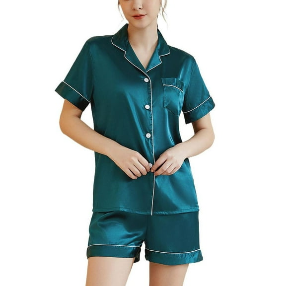Women's Short Sleeve Shorts Pajama Set Summer Soft Silky Comfy Button Up Spring Lightweight Pjs 2 Piece Silk Sleepwear Dark Green 14