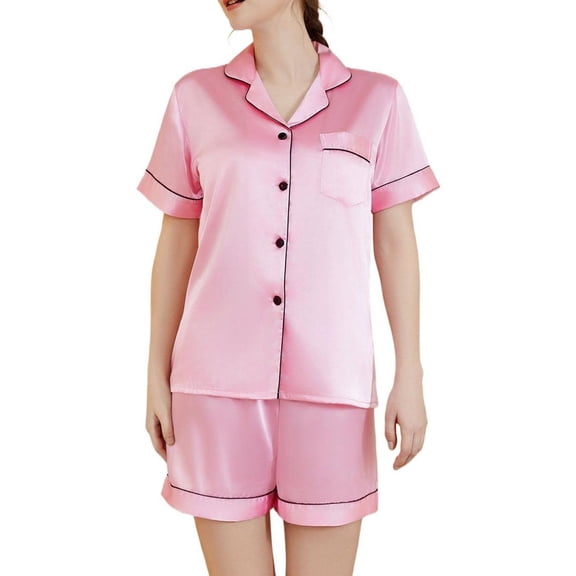 Women's Short Sleeve Shorts Pajama Set Summer Soft Silky Comfy Button Up Spring Lightweight Pjs 2 Piece Silk Sleepwear Pink 14
