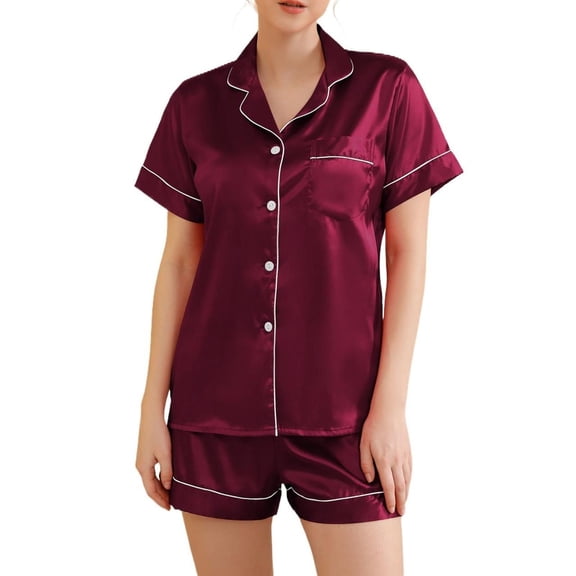 Women's Short Sleeve Shorts Set 2 Piece Button Up Spring Lightweight Pjs Silk Pajama Set Summer Sleepwear Soft Silky Comfy Burgundy 14