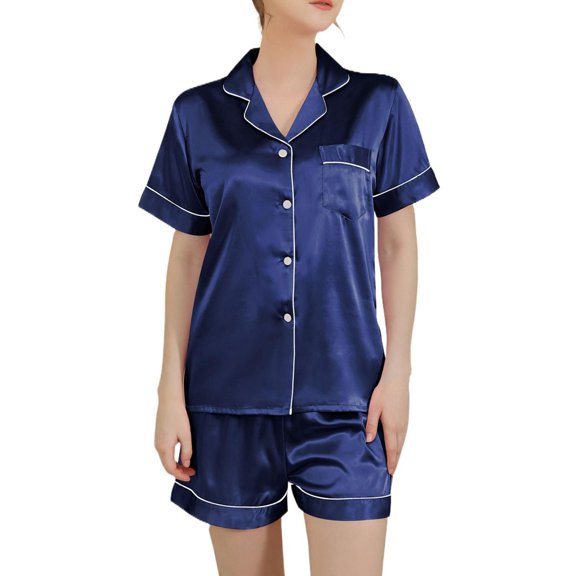 Women's Short Sleeve Shorts Set 2 Piece Button Up Spring Lightweight Pjs Silk Pajama Set Summer Sleepwear Soft Silky Comfy Dark Blue 14