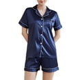 thumbnail image 1 of Women's Short Sleeve Shorts Set 2 Piece Button Up Spring Lightweight Pjs Silk Pajama Set Summer Sleepwear Soft Silky Comfy Navy 4-6, 1 of 5